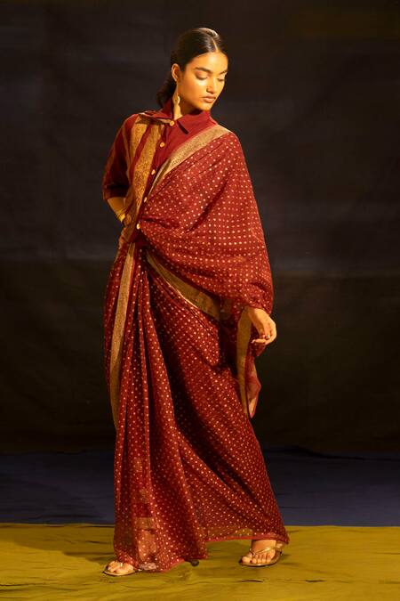 Buy_Banana Labs_Maroon Kota Doria, Cotton, Crinkle Zari, Foil Striped Blouse And Dotted Saree Set _Online_at_Aza_Fashions