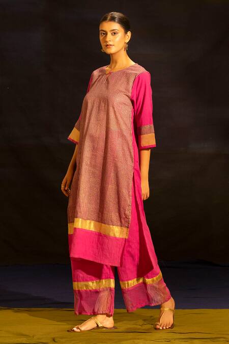 Banana Labs_Pink Cotton, Kota Doria Foil Printing, Zari Round Striped Kurta Palazzo Set  _Online_at_Aza_Fashions