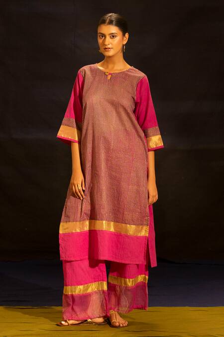 Shop_Banana Labs_Pink Cotton, Kota Doria Foil Printing, Zari Round Striped Kurta Palazzo Set  _Online_at_Aza_Fashions