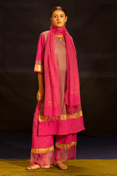 Banana Labs_Pink Cotton, Kota Doria Foil Printing, Zari Round Striped Kurta Palazzo Set  _at_Aza_Fashions