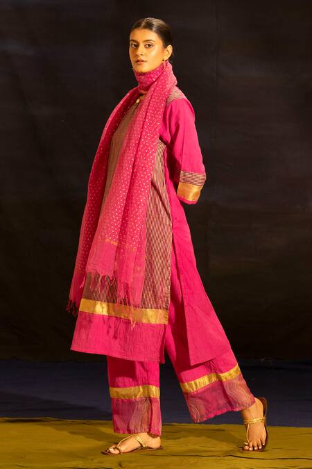 Shop_Banana Labs_Pink Cotton, Kota Doria Foil Printing, Zari Round Striped Kurta Palazzo Set  