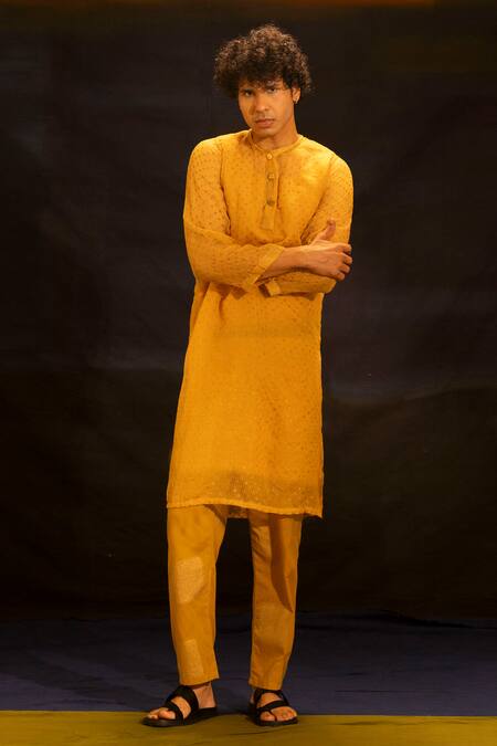 Buy_Banana Labs_Mustard Kota Doria, Cotton Printed Kurta And Pant Set _Online_at_Aza_Fashions