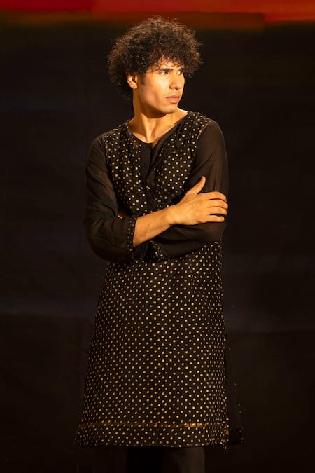 Banana Labs_Black Kota Doria, Cotton Foil Printing Embroidered Polka Dot Kurta And Palazzo Set _Online_at_Aza_Fashions