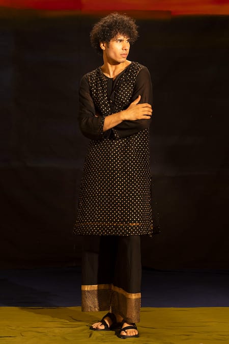 Shop_Banana Labs_Black Kota Doria, Cotton Foil Printing Embroidered Polka Dot Kurta And Palazzo Set _Online_at_Aza_Fashions