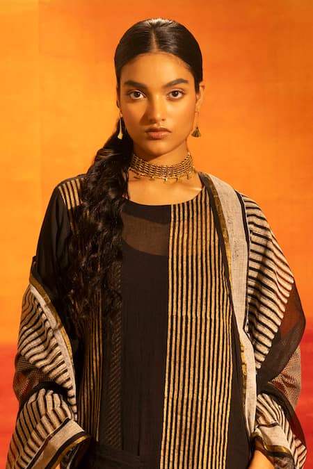 Banana Labs_Black Cotton Tassels Round Neck Striped And Checked Kurta Palazzo Set _Online_at_Aza_Fashions