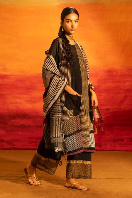 Buy_Banana Labs_Black Cotton Tassels Round Neck Striped And Checked Kurta Palazzo Set _Online_at_Aza_Fashions