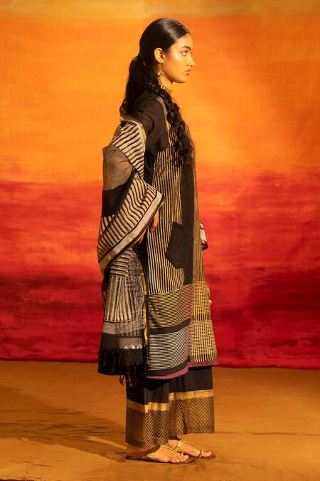 Shop_Banana Labs_Black Cotton Tassels Round Neck Striped And Checked Kurta Palazzo Set _Online_at_Aza_Fashions