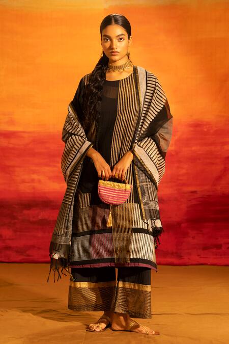 Banana Labs_Black Cotton Tassels Round Neck Striped And Checked Kurta Palazzo Set _at_Aza_Fashions