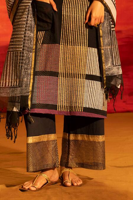 Buy_Banana Labs_Black Cotton Tassels Round Neck Striped And Checked Kurta Palazzo Set 