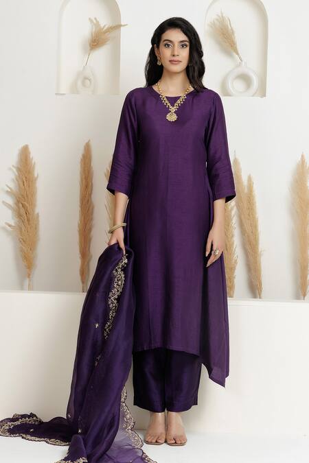 Buy_BAIDEHI_Purple Silk, Organza Pearls, Beads, Sequins, Zari A-line Embroidered Kurta Set _Online_at_Aza_Fashions
