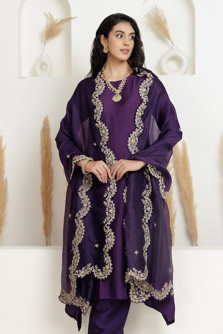 Shop_BAIDEHI_Purple Silk, Organza Pearls, Beads, Sequins, Zari A-line Embroidered Kurta Set _Online_at_Aza_Fashions