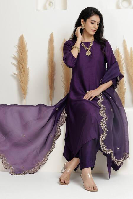 BAIDEHI_Purple Silk, Organza Pearls, Beads, Sequins, Zari A-line Embroidered Kurta Set _at_Aza_Fashions
