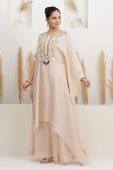 Buy_BAIDEHI_Pink Bemberg, Silk Beads, Sequins, Pearls, Zari Embroidered Kaftan And Palazzo Set _Online_at_Aza_Fashions