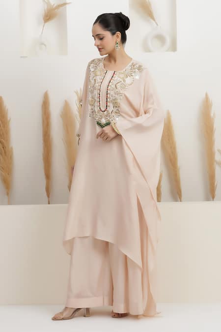 Shop_BAIDEHI_Pink Bemberg, Silk Beads, Sequins, Pearls, Zari Embroidered Kaftan And Palazzo Set _Online_at_Aza_Fashions