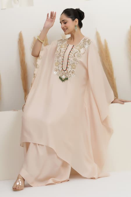 Buy_BAIDEHI_Pink Bemberg, Silk Beads, Sequins, Pearls, Zari Embroidered Kaftan And Palazzo Set 