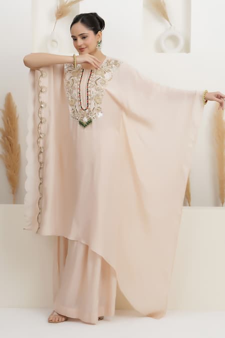 Shop_BAIDEHI_Pink Bemberg, Silk Beads, Sequins, Pearls, Zari Embroidered Kaftan And Palazzo Set 
