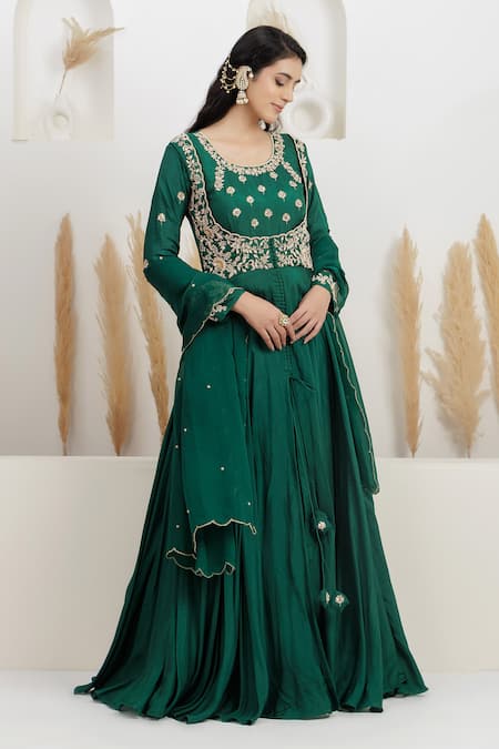 BAIDEHI_Green Bemberg, Silk, Organza Embroidery, Beads, Pearls, Dabka Anarkali Set _Online_at_Aza_Fashions