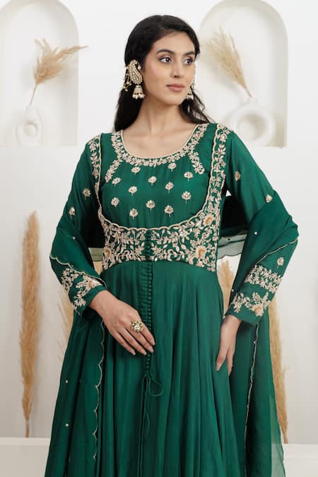 Shop_BAIDEHI_Green Bemberg, Silk, Organza Embroidery, Beads, Pearls, Dabka Anarkali Set _Online_at_Aza_Fashions