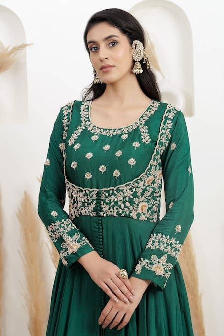 BAIDEHI_Green Bemberg, Silk, Organza Embroidery, Beads, Pearls, Dabka Anarkali Set _at_Aza_Fashions