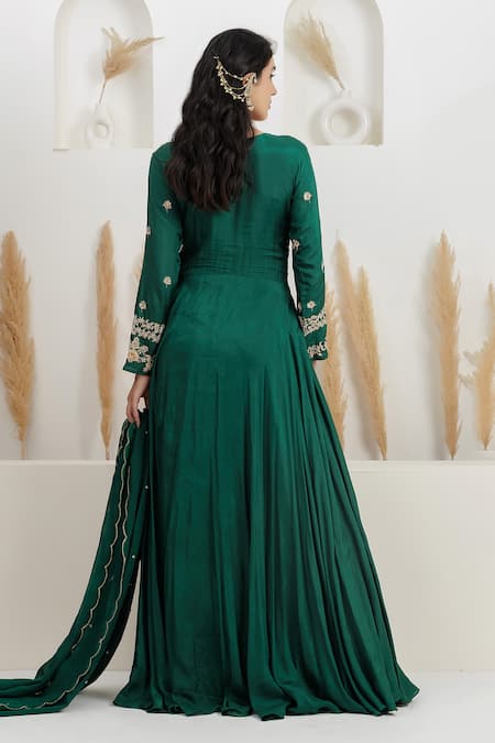 Shop_BAIDEHI_Green Bemberg, Silk, Organza Embroidery, Beads, Pearls, Dabka Anarkali Set 