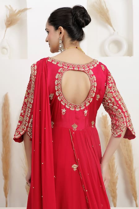 BAIDEHI_Red Georgette Sequins, Pearls, Zari Round Cutdana Embroidered Draped Saree Gown _Online_at_Aza_Fashions