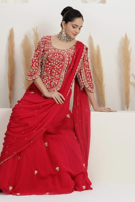 Buy_BAIDEHI_Red Georgette Sequins, Pearls, Zari Round Cutdana Embroidered Draped Saree Gown _Online_at_Aza_Fashions