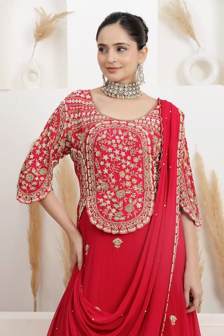 BAIDEHI_Red Georgette Sequins, Pearls, Zari Round Cutdana Embroidered Draped Saree Gown _at_Aza_Fashions