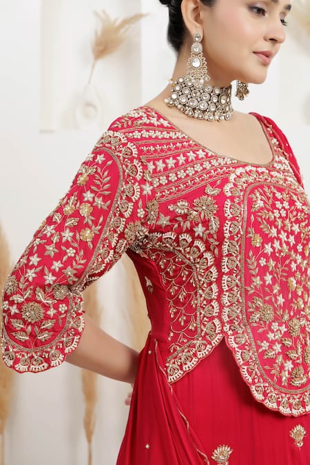 Shop_BAIDEHI_Red Georgette Sequins, Pearls, Zari Round Cutdana Embroidered Draped Saree Gown 