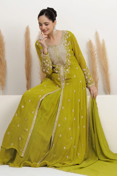 BAIDEHI_Green Georgette Beads, Pearls, Sequins Layered Embroidered Anarkali With Dupatta _Online_at_Aza_Fashions
