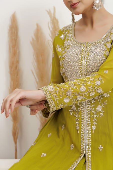 Buy_BAIDEHI_Green Georgette Beads, Pearls, Sequins Layered Embroidered Anarkali With Dupatta _Online_at_Aza_Fashions