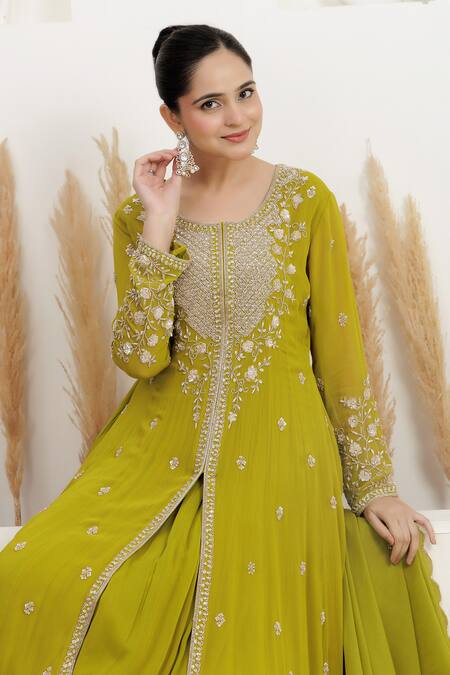 Shop_BAIDEHI_Green Georgette Beads, Pearls, Sequins Layered Embroidered Anarkali With Dupatta _Online_at_Aza_Fashions