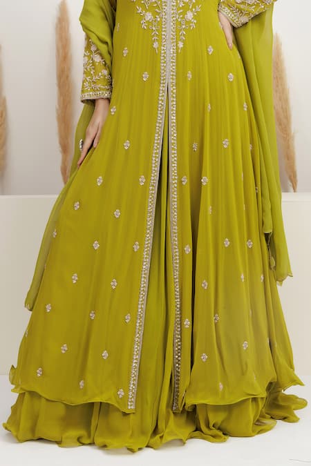BAIDEHI_Green Georgette Beads, Pearls, Sequins Layered Embroidered Anarkali With Dupatta _at_Aza_Fashions