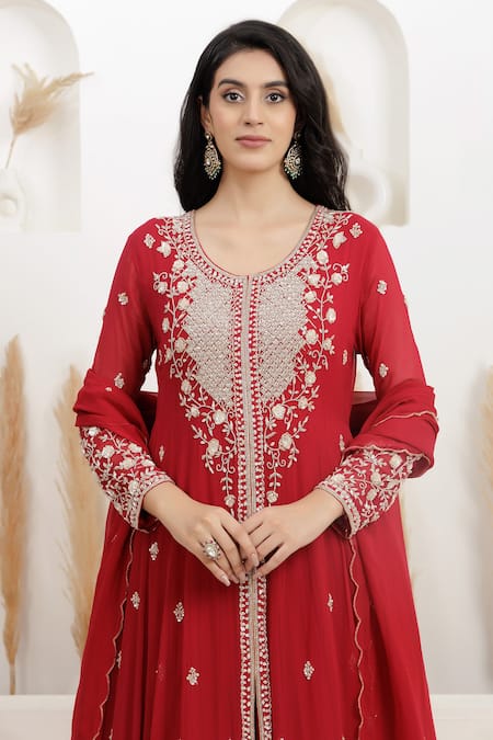 BAIDEHI_Red Georgette Beads, Pearls, Sequins, Double Layered Anarkali With Dupatta _Online_at_Aza_Fashions