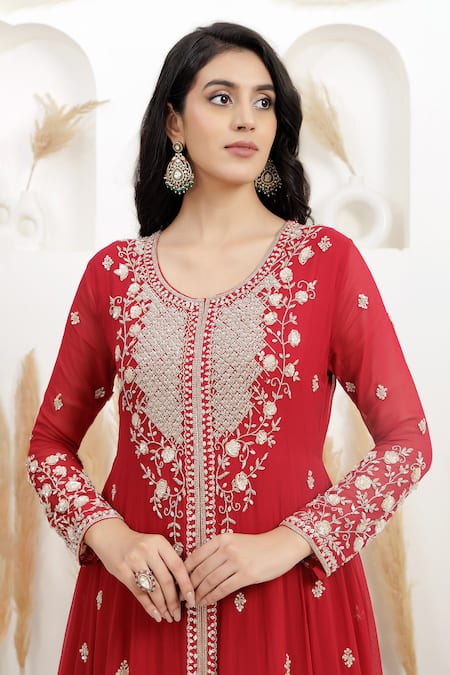 Shop_BAIDEHI_Red Georgette Beads, Pearls, Sequins, Double Layered Anarkali With Dupatta _Online_at_Aza_Fashions