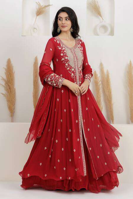 BAIDEHI_Red Georgette Beads, Pearls, Sequins, Double Layered Anarkali With Dupatta _at_Aza_Fashions