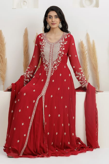 Buy_BAIDEHI_Red Georgette Beads, Pearls, Sequins, Double Layered Anarkali With Dupatta 