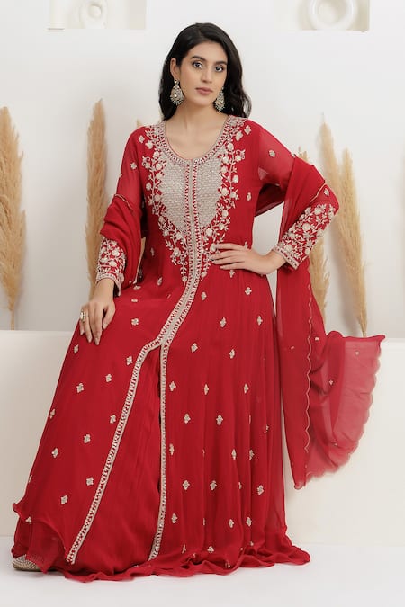 Shop_BAIDEHI_Red Georgette Beads, Pearls, Sequins, Double Layered Anarkali With Dupatta 