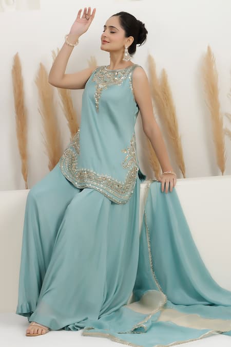 BAIDEHI Blue Satin, Silk, Georgette, Organza Sequins, Beads, Pearls, Kurta Sharara Set Online at Aza Fashions BAIDEHI_Blue Satin, Silk, Georgette, Organza Sequins, Beads, Pearls, Kurta Sharara Set _Online_at_Aza_Fashions