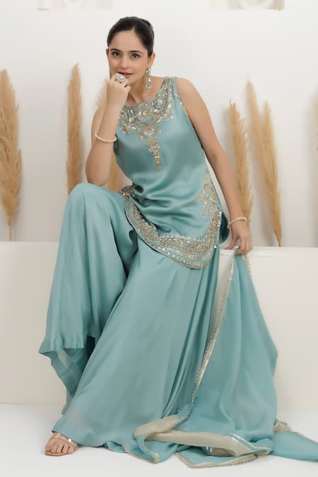 Buy BAIDEHI Blue Satin, Silk, Georgette, Organza Sequins, Beads, Pearls, Kurta Sharara Set Online at Aza Fashions Buy_BAIDEHI_Blue Satin, Silk, Georgette, Organza Sequins, Beads, Pearls, Kurta Sharara Set _Online_at_Aza_Fashions