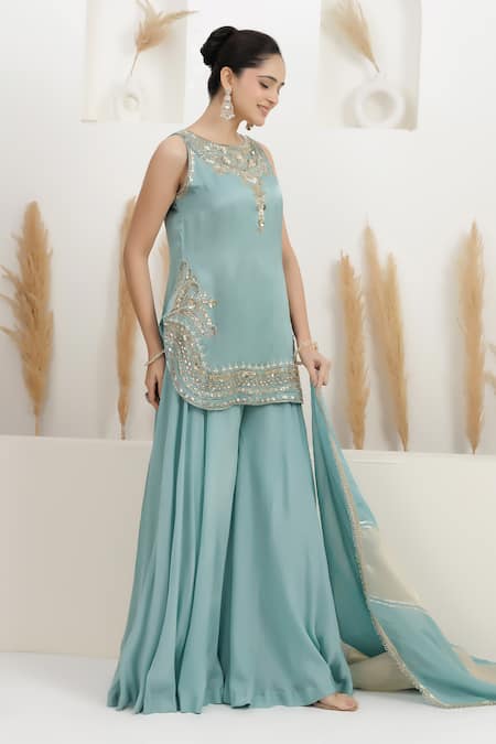 Shop BAIDEHI Blue Satin, Silk, Georgette, Organza Sequins, Beads, Pearls, Kurta Sharara Set Online at Aza Fashions Shop_BAIDEHI_Blue Satin, Silk, Georgette, Organza Sequins, Beads, Pearls, Kurta Sharara Set _Online_at_Aza_Fashions