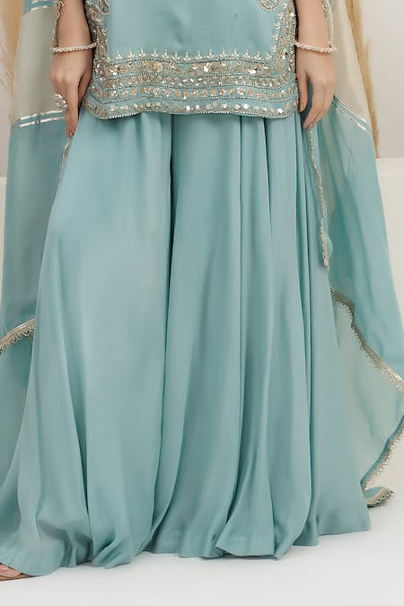 BAIDEHI Blue Satin, Silk, Georgette, Organza Sequins, Beads, Pearls, Kurta Sharara Set at Aza Fashions BAIDEHI_Blue Satin, Silk, Georgette, Organza Sequins, Beads, Pearls, Kurta Sharara Set _at_Aza_Fashions