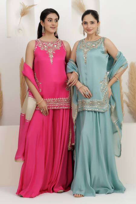 Buy BAIDEHI Blue Satin, Silk, Georgette, Organza Sequins, Beads, Pearls, Kurta Sharara Set Buy_BAIDEHI_Blue Satin, Silk, Georgette, Organza Sequins, Beads, Pearls, Kurta Sharara Set