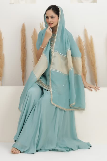 Shop BAIDEHI Blue Satin, Silk, Georgette, Organza Sequins, Beads, Pearls, Kurta Sharara Set Shop_BAIDEHI_Blue Satin, Silk, Georgette, Organza Sequins, Beads, Pearls, Kurta Sharara Set