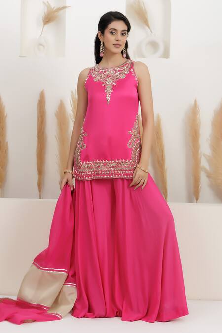Buy_BAIDEHI_Fuchsia Satin, Silk, Georgette, Organza Sequins, Beads, Pearls, Kurta Set _Online_at_Aza_Fashions