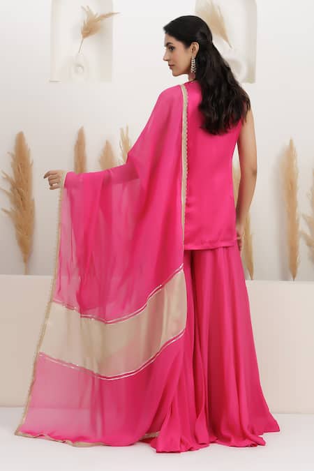 BAIDEHI_Fuchsia Satin, Silk, Georgette, Organza Sequins, Beads, Pearls, Kurta Set _at_Aza_Fashions