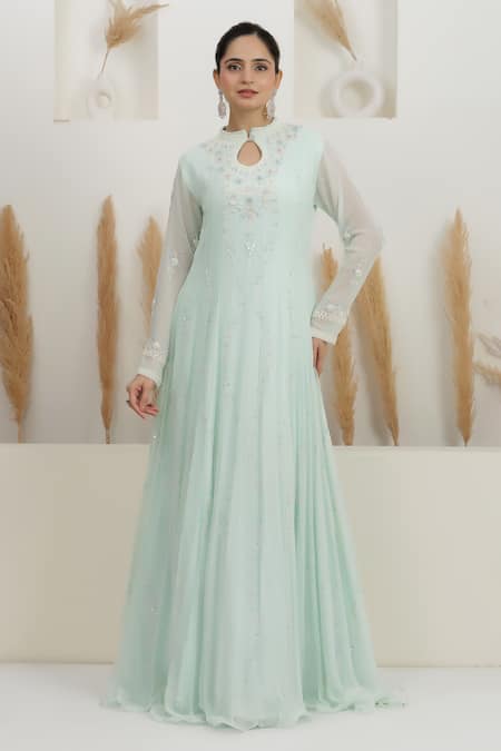 BAIDEHI Blue Georgette Beads, Sequins, Pearls High Neck Embroidered Gown Online at Aza Fashions BAIDEHI_Blue Georgette Beads, Sequins, Pearls High Neck Embroidered Gown _Online_at_Aza_Fashions