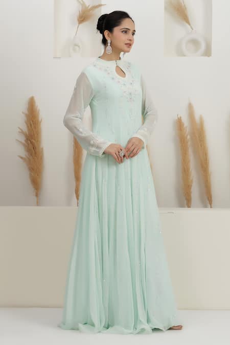 Buy BAIDEHI Blue Georgette Beads, Sequins, Pearls High Neck Embroidered Gown Online at Aza Fashions Buy_BAIDEHI_Blue Georgette Beads, Sequins, Pearls High Neck Embroidered Gown _Online_at_Aza_Fashions
