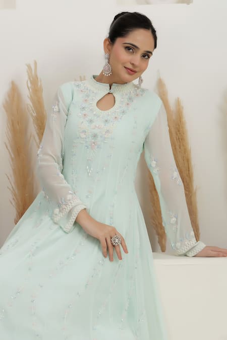 Shop BAIDEHI Blue Georgette Beads, Sequins, Pearls High Neck Embroidered Gown Online at Aza Fashions Shop_BAIDEHI_Blue Georgette Beads, Sequins, Pearls High Neck Embroidered Gown _Online_at_Aza_Fashions