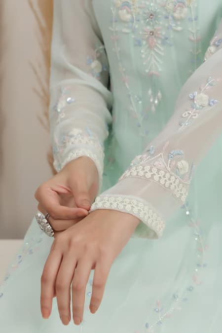 BAIDEHI Blue Georgette Beads, Sequins, Pearls High Neck Embroidered Gown at Aza Fashions BAIDEHI_Blue Georgette Beads, Sequins, Pearls High Neck Embroidered Gown _at_Aza_Fashions