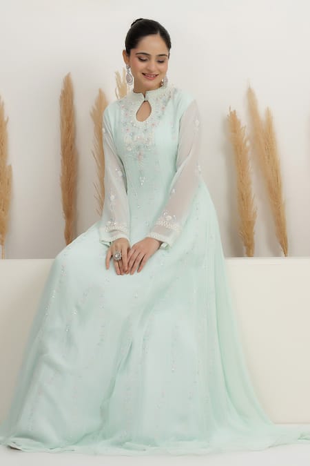 Buy BAIDEHI Blue Georgette Beads, Sequins, Pearls High Neck Embroidered Gown Buy_BAIDEHI_Blue Georgette Beads, Sequins, Pearls High Neck Embroidered Gown
